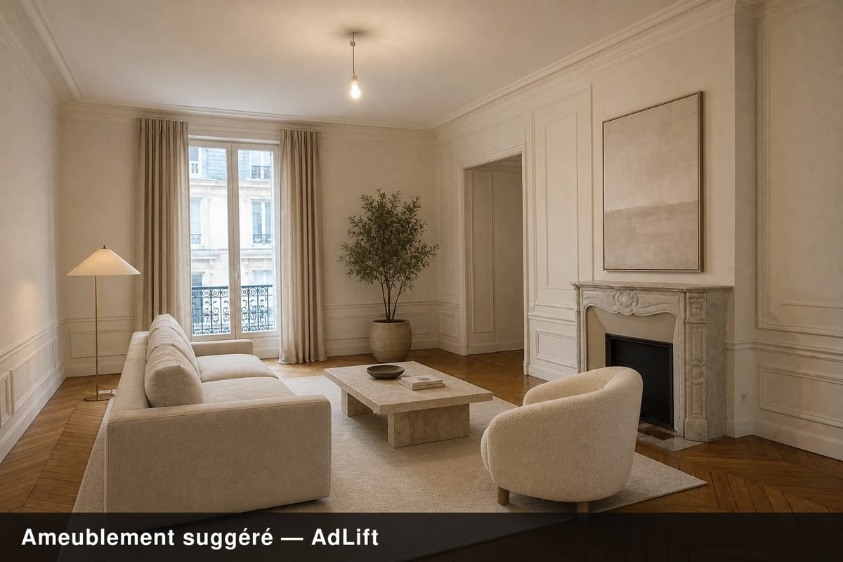 Salon vide, la même pièce avec un ameublement suggéré, mention incrustée dans l'image